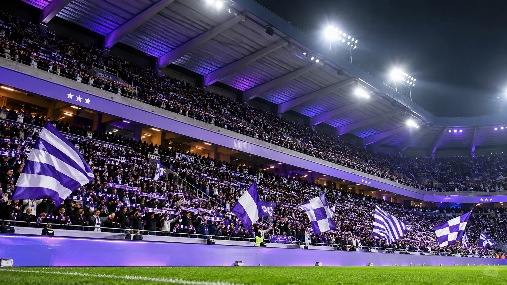 Paars-witte supporters met vlaggen in een verlichte stadiontribune van RSC Anderlecht.