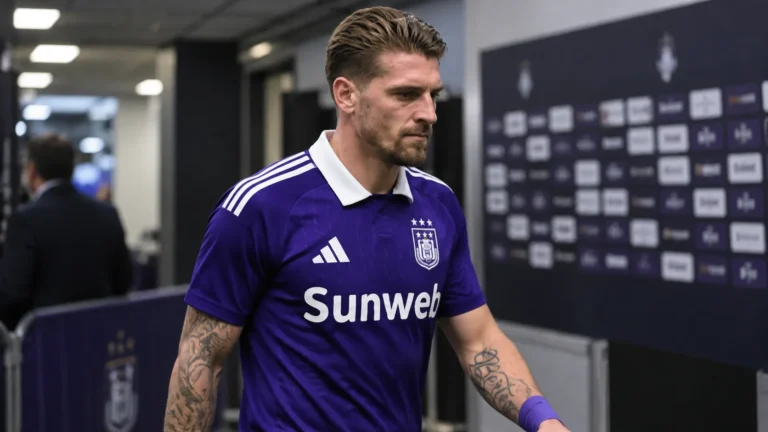 Adriano Bertaccini loopt na de wedstrijd door de mixed zone in zijn paarse wedstrijdshirt.