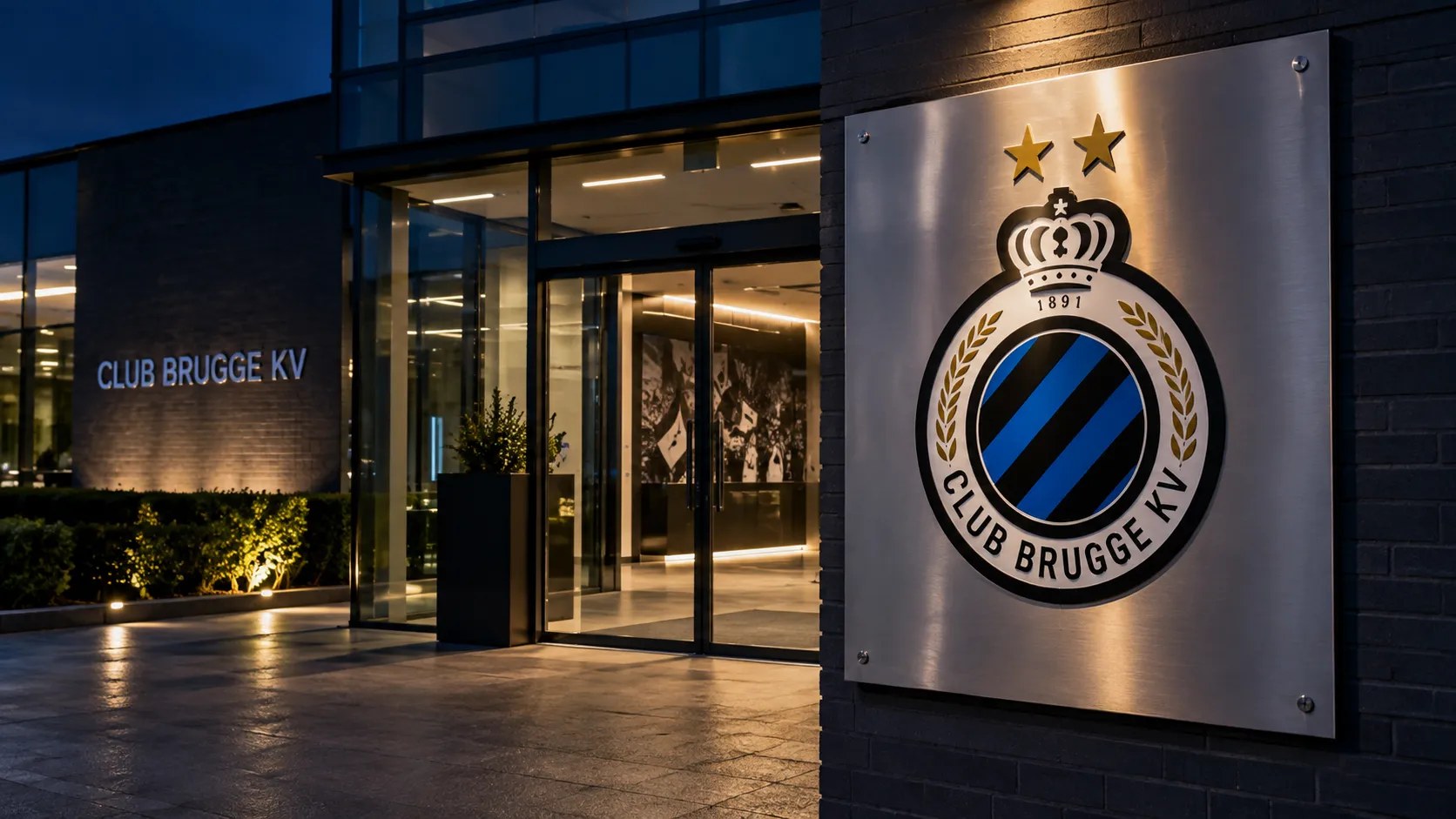 Lege ingang van een Club Brugge-clubgebouw met het embleem op een metalen naambord.