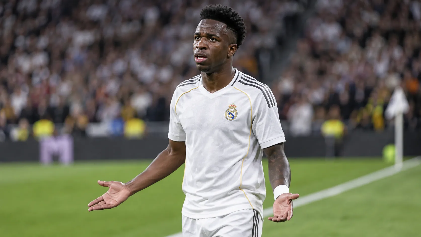 Vinícius Júnior in Real Madrid-tenue aan de zijlijn tijdens een La Liga-duel.