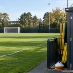 Een leeg trainingsveld van OH Leuven met een clubgebonden materiaalkast langs de zijlijn.