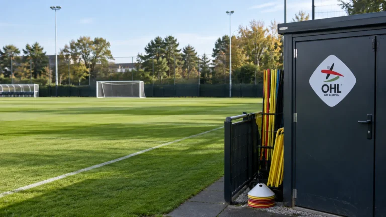 Een leeg trainingsveld van OH Leuven met een clubgebonden materiaalkast langs de zijlijn.