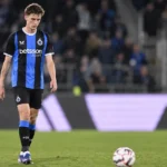 Jorne Spileers van Club Brugge kijkt na de wedstrijd geconcentreerd over het veld.