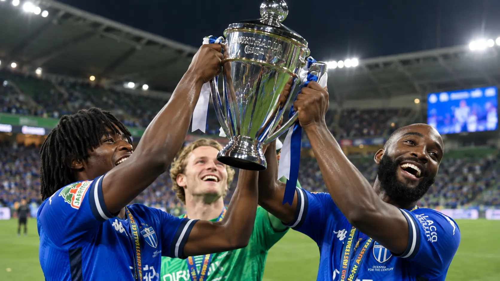 Drie voetballers van South Melbourne vieren met de Australia Cup op het veld.
