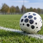 Een voetbal op de witte zijlijn van een leeg amateurvoetbalveld.