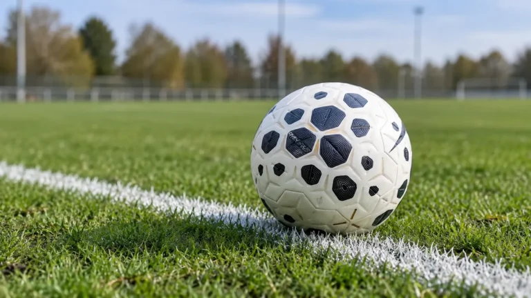 Een voetbal op de witte zijlijn van een leeg amateurvoetbalveld.
