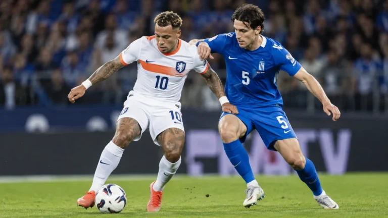Twee voetballers van Nederland en Griekenland in duel op het veld.