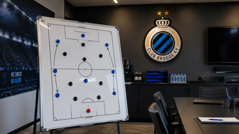 Lege tactische analysekamer van Club Brugge met een magnetisch voetbalbord en een clubplaquette aan de muur.