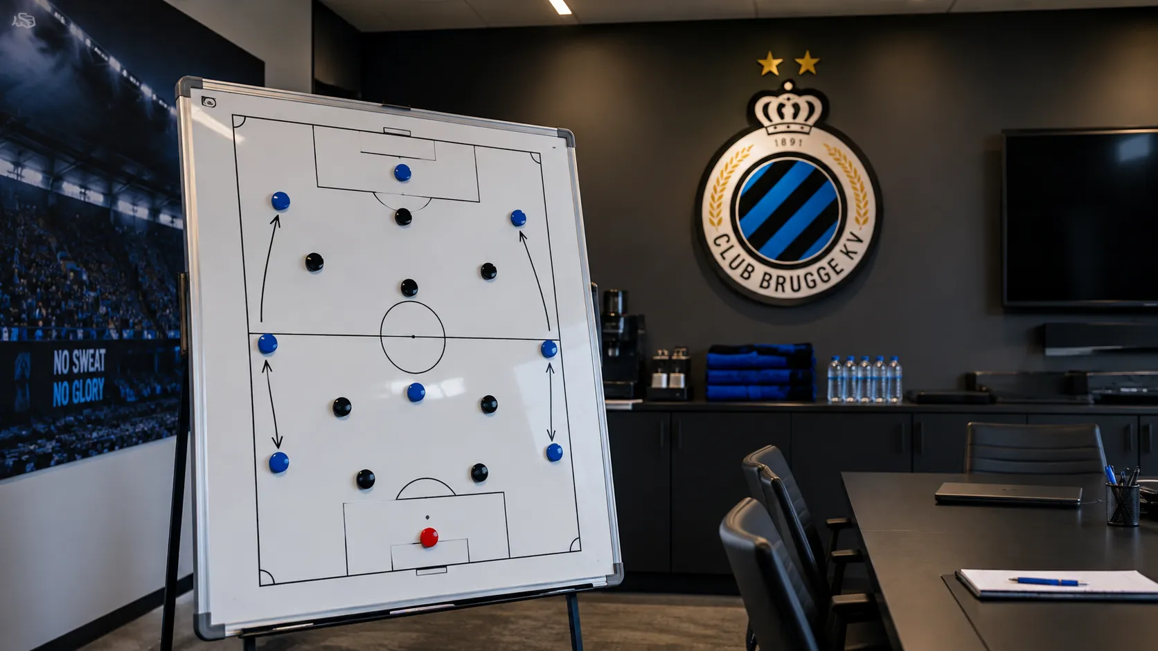 Lege tactische analysekamer van Club Brugge met een magnetisch voetbalbord en een clubplaquette aan de muur.
