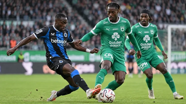 Voetballers in blauw-zwart en groen vechten om de bal tijdens een competitiewedstrijd.