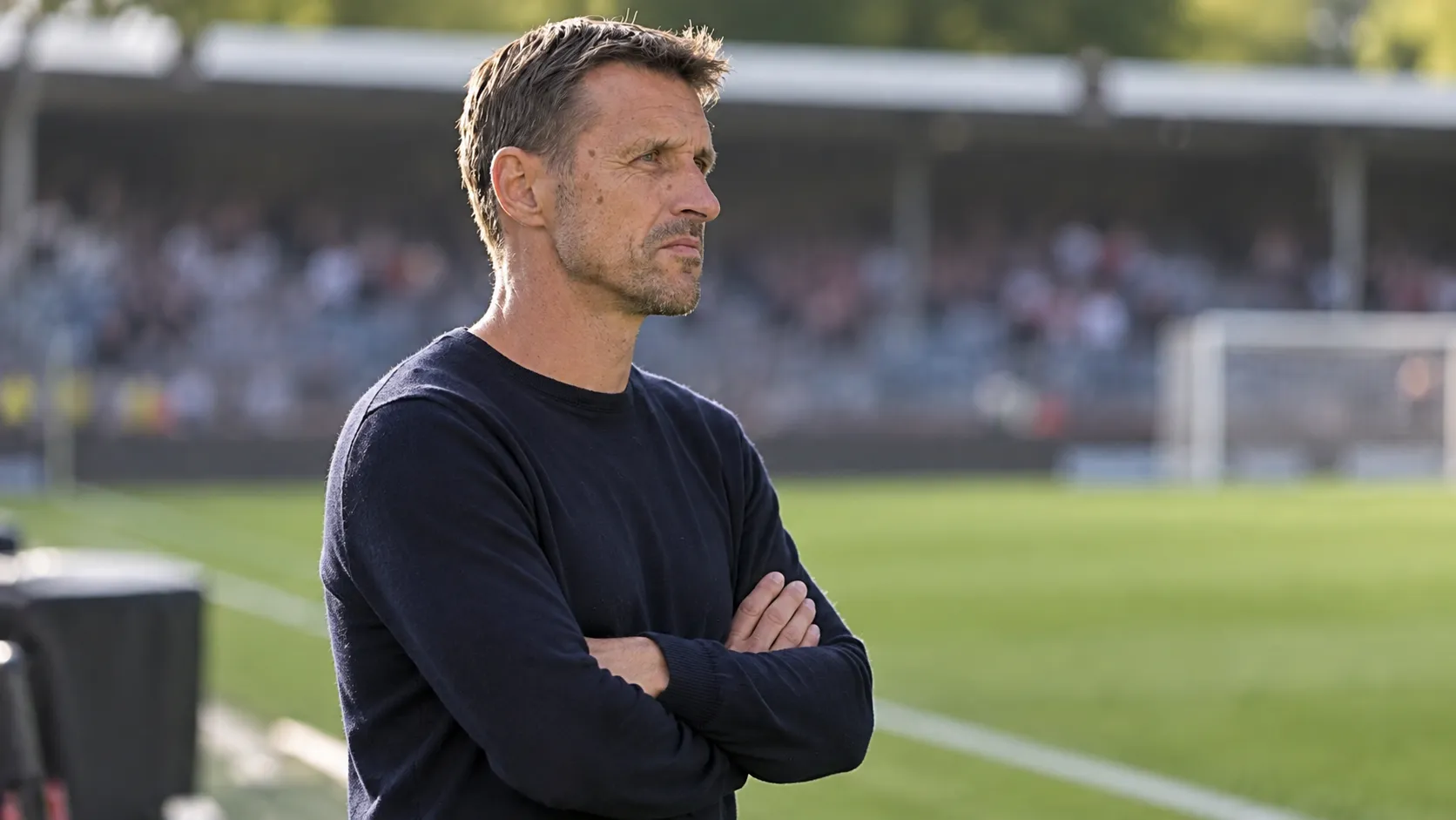 Timmy Simons staat na de wedstrijd langs de zijlijn in een donkere trui.