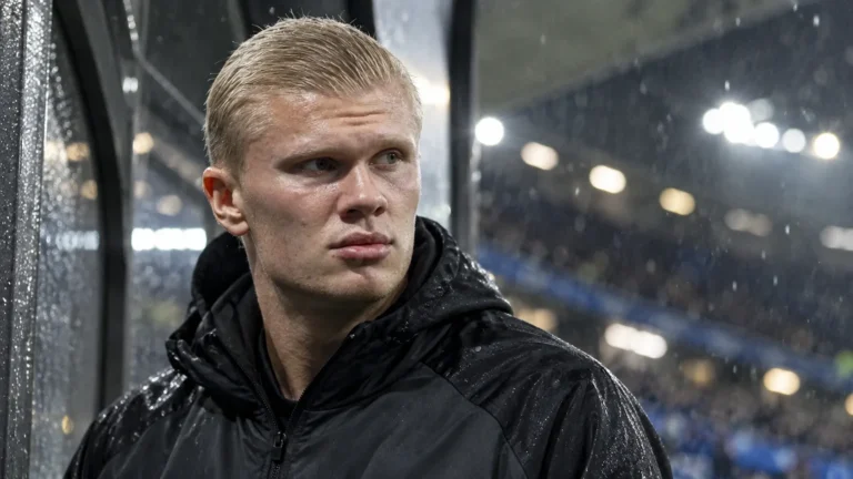 Erling Haaland in een zwarte trainingsjas in een regenachtig stadion.