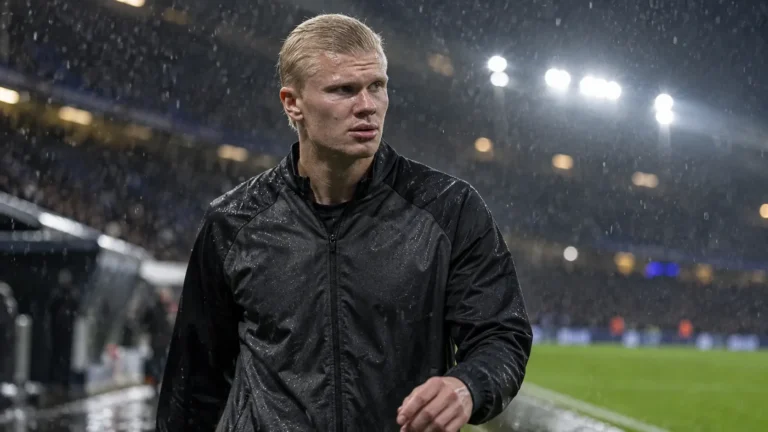 Erling Haaland in een donkere jas aan de rand van een regenachtig stadionveld.