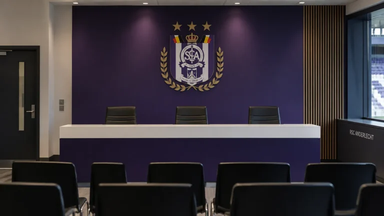 Lege mediaruimte van Anderlecht met een clubembleem op de vaste achterwand.