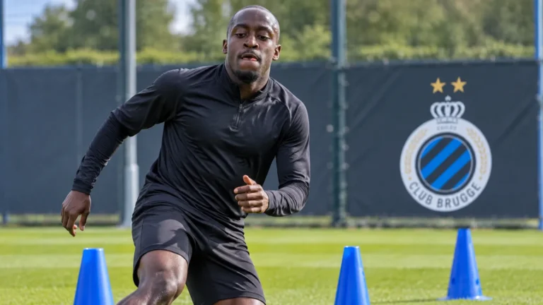 Carlos Forbs warmt op op het oefenveld van Club Brugge in Westkapelle.
