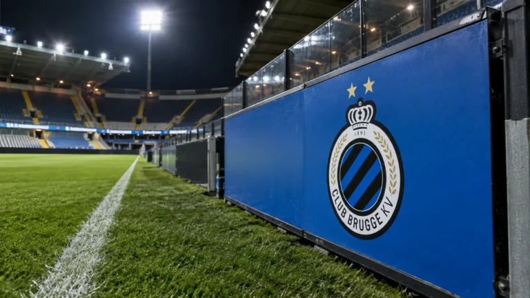 Lege rand van een voetbalveld met een vast Club Brugge-bord.