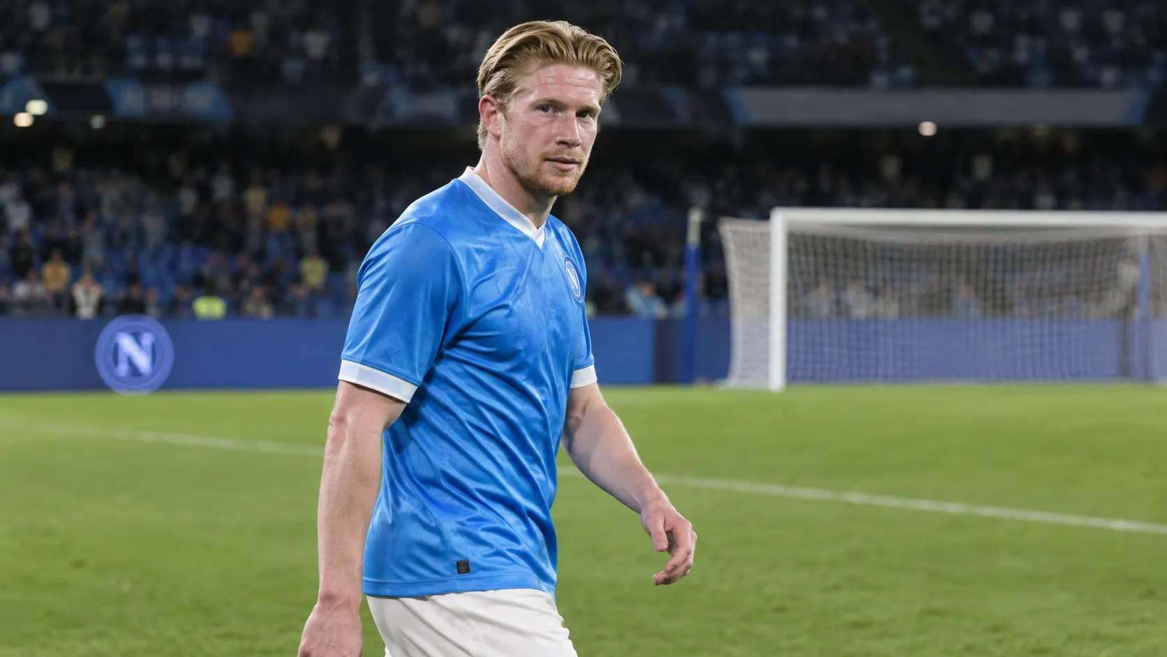 Kevin De Bruyne wandelt na een wedstrijd van Napoli op het veld in een blauw tenue.