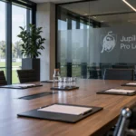 Lege vergaderruimte in een voetbalcomplex met een Jupiler Pro League-embleem op een glazen wandpaneel.