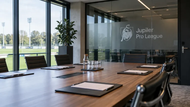 Lege vergaderruimte in een voetbalcomplex met een Jupiler Pro League-embleem op een glazen wandpaneel.