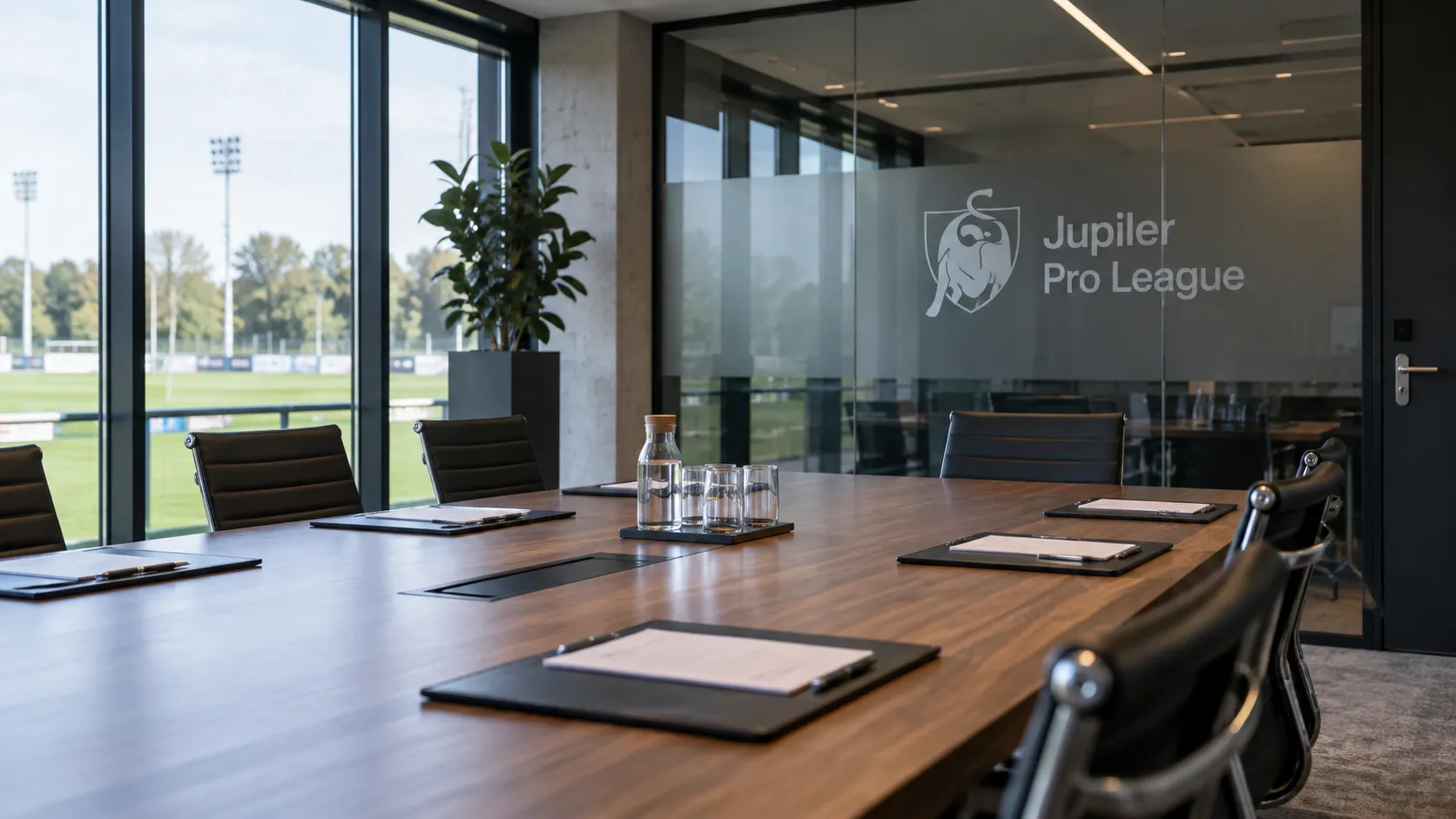 Lege vergaderruimte in een voetbalcomplex met een Jupiler Pro League-embleem op een glazen wandpaneel.
