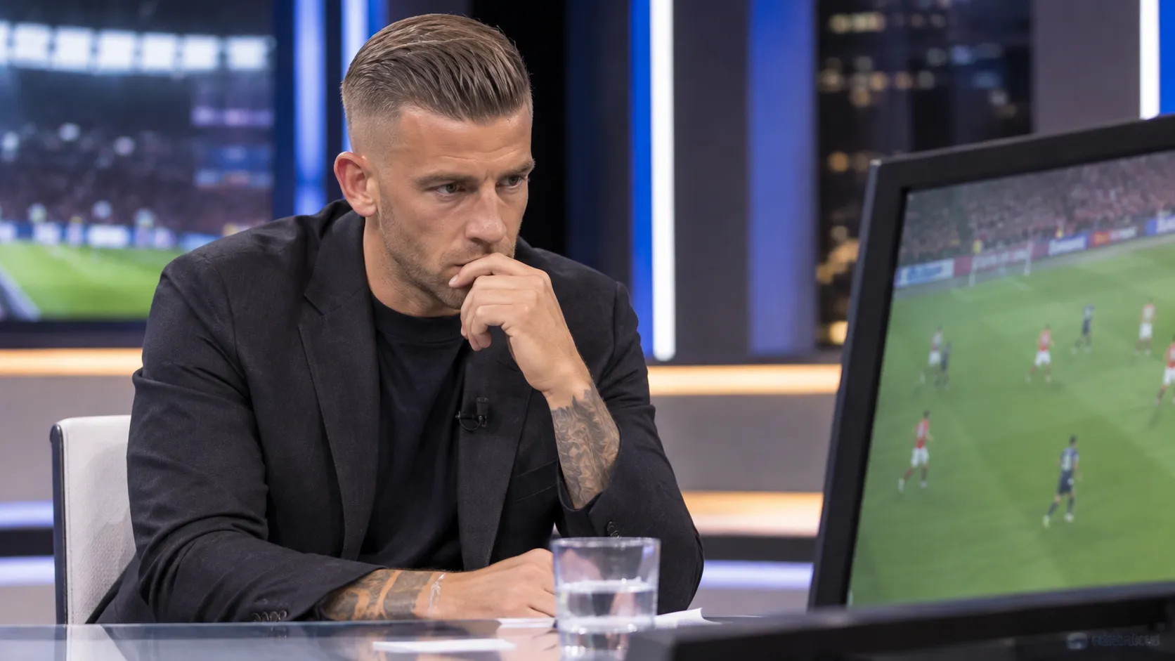 Toby Alderweireld aan een analysetafel in een televisiestudio terwijl hij voetbalbeelden bekijkt.