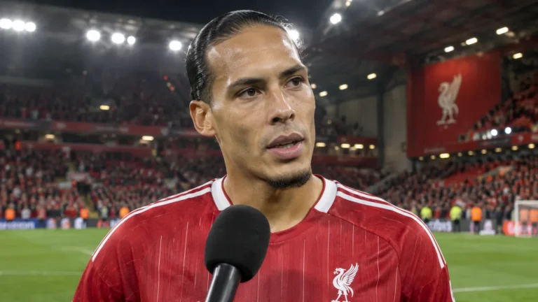 Virgil van Dijk geeft na de wedstrijd een interview langs het veld in Liverpool-tenue.