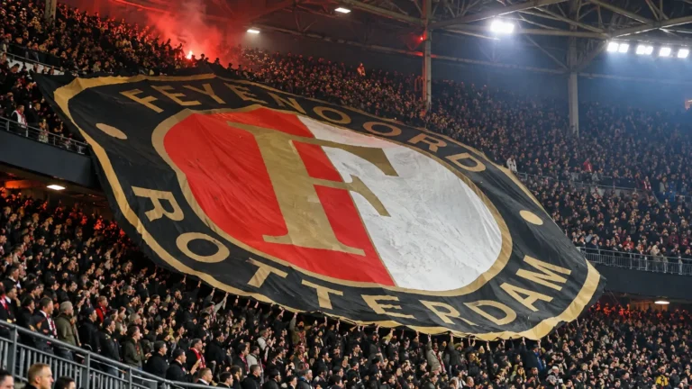 Een volle Feyenoord-tribune met supporters onder een groot clubspandoek.