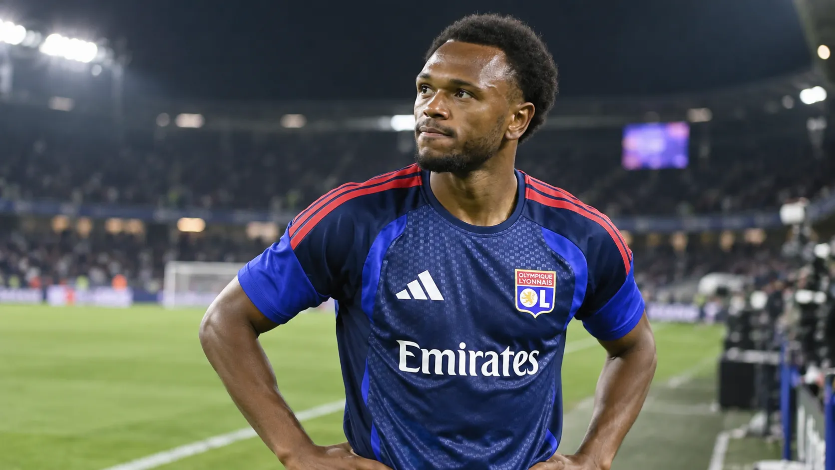 Loïs Openda in het donkerblauwe tenue van Olympique Lyon op het veld.