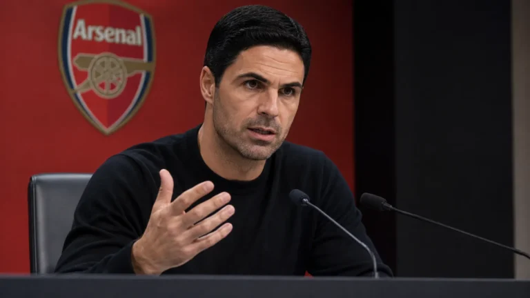 Mikel Arteta tijdens een persconferentie van Arsenal voor een vaste perswand met clubembleem.