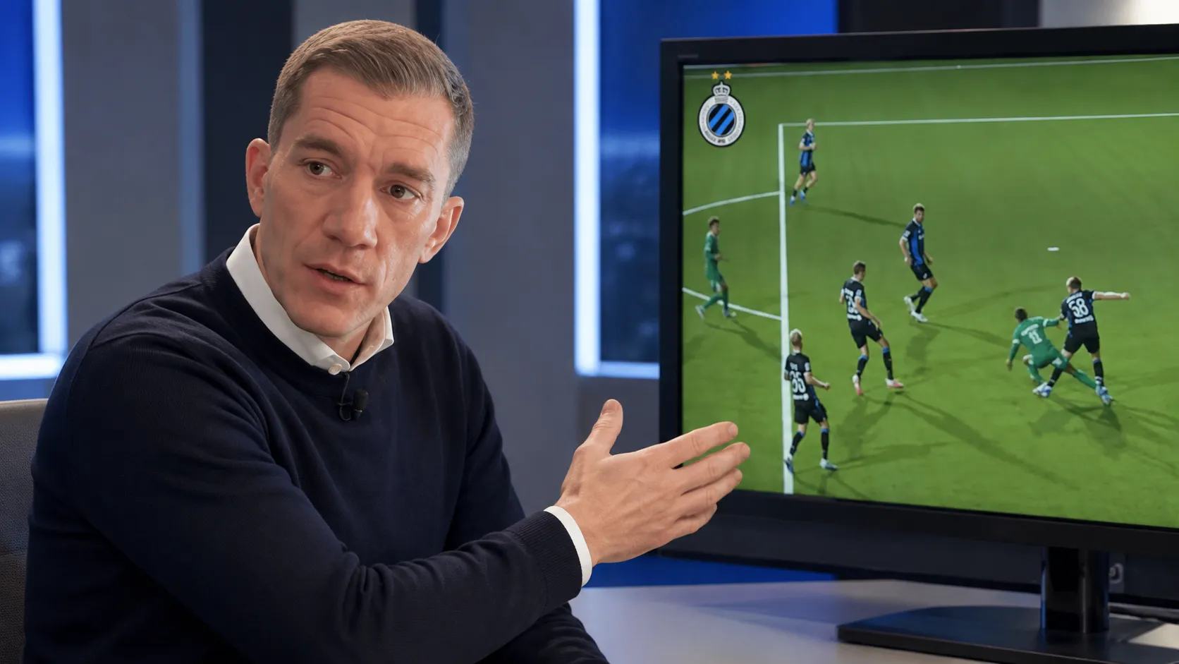 Jonathan Lardot tijdens een televisie-interview naast een scherm met een VAR-analyse van Club Brugge.