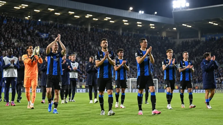Club Brugge-spelers applaudisseren samen op het veld onder stadionverlichting.