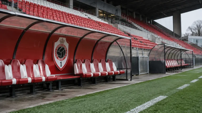 Lege technische zone van Royal Antwerp FC met het clubembleem op de rugwand van de dug-out.