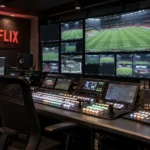 Lege Netflix-regiekamer met een wandbord van de streamingdienst en uitzendapparatuur.