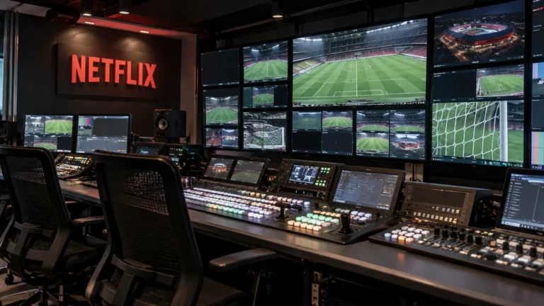 Lege Netflix-regiekamer met een wandbord van de streamingdienst en uitzendapparatuur.