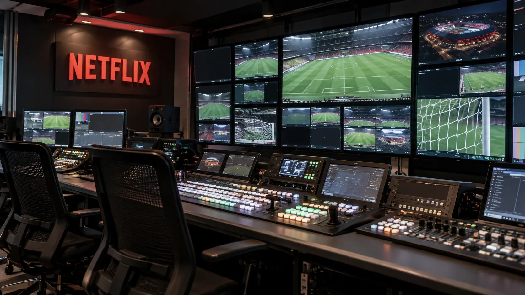 Lege Netflix-regiekamer met een wandbord van de streamingdienst en uitzendapparatuur.