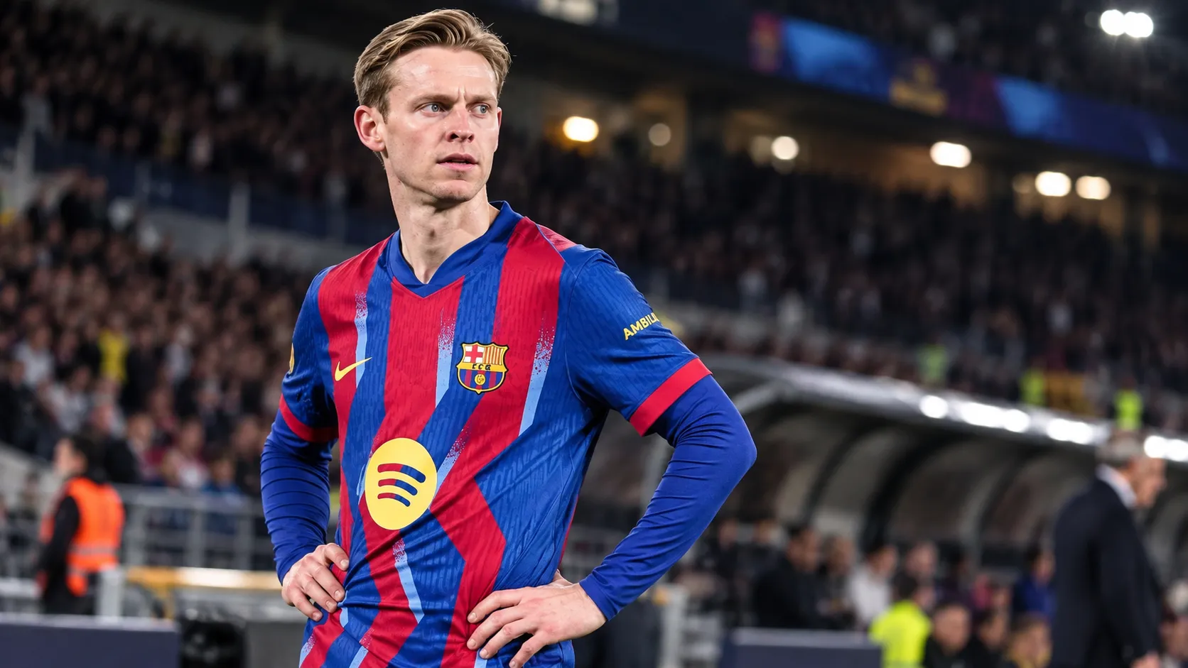 Frenkie de Jong in het tenue van FC Barcelona aan de rand van het veld.