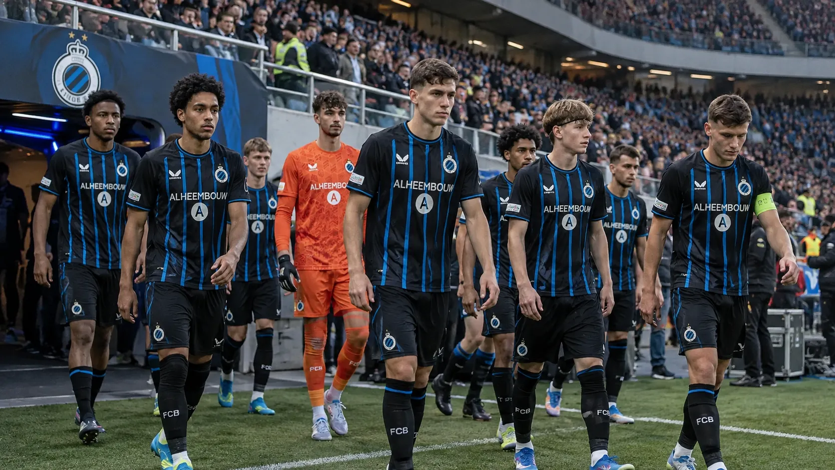 De spelers van Club NXT lopen samen het veld op voor hun Youth League-duel in Milaan.