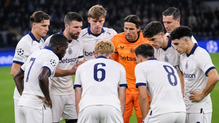 Club Brugge-spelers verzamelen in een hechte kring op het veld voor de wedstrijd.
