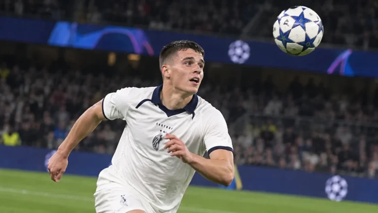 Nicolo Tresoldi van Club Brugge in actie tijdens een Champions League-wedstrijd.