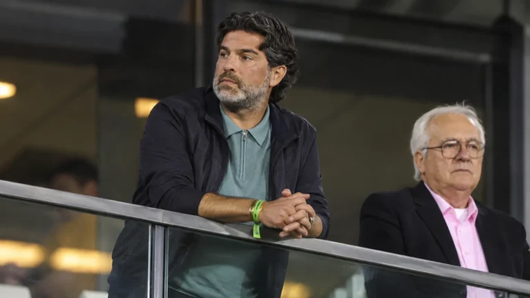 Mehdi Bayat staat aan de railing van een stadiontribune.
