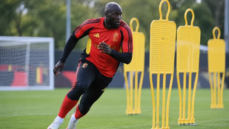 Romelu Lukaku traint in de uitrusting van de Rode Duivels tussen gele oefenpoppen.