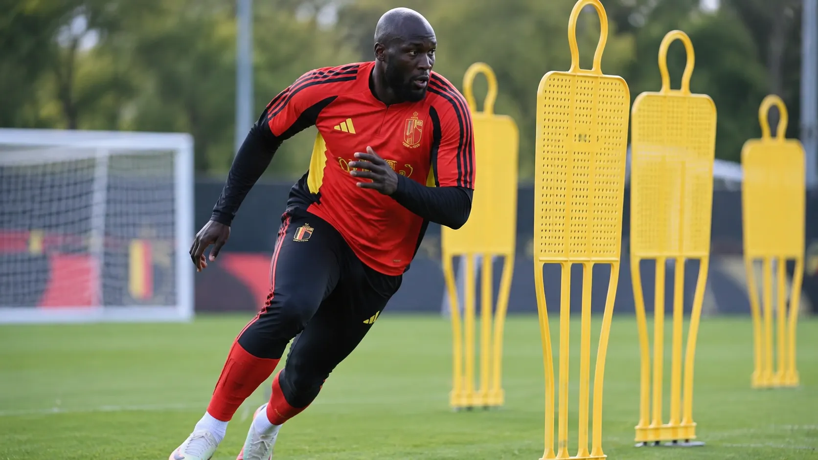Romelu Lukaku traint in de uitrusting van de Rode Duivels tussen gele oefenpoppen.