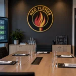 Een lege evaluatieruimte van de voetbalbond met een Red Flames-embleem aan de wand.