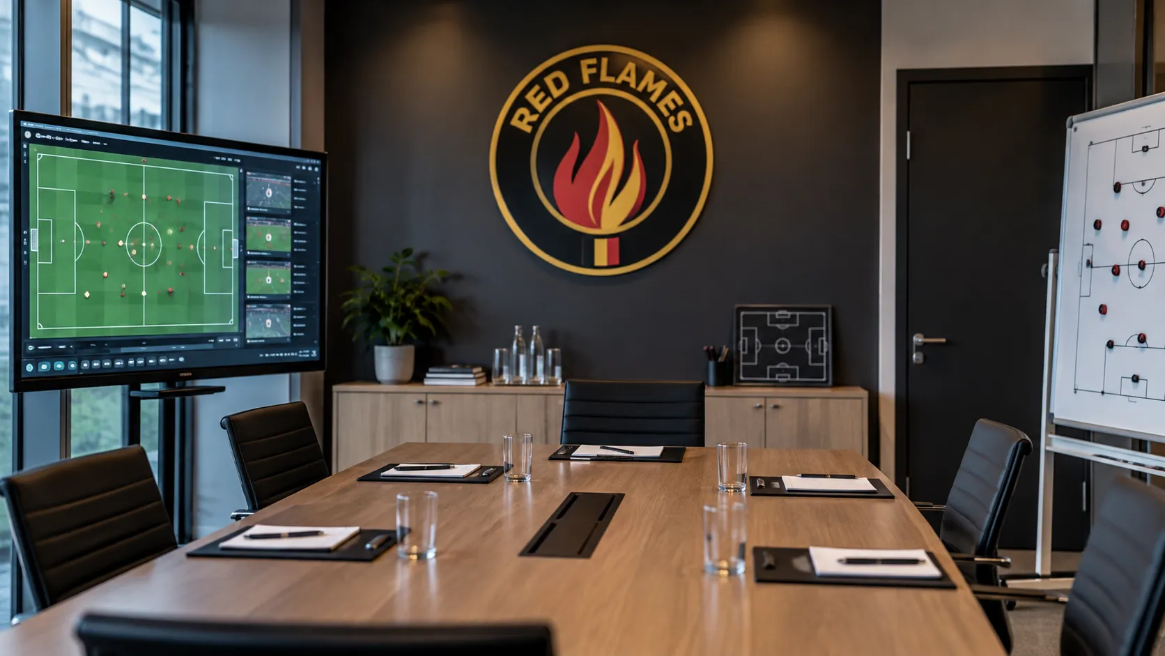 Een lege evaluatieruimte van de voetbalbond met een Red Flames-embleem aan de wand.