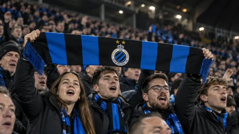 Een collectieve groep Club Brugge-supporters met een blauw-zwarte sjaal in de tribune.