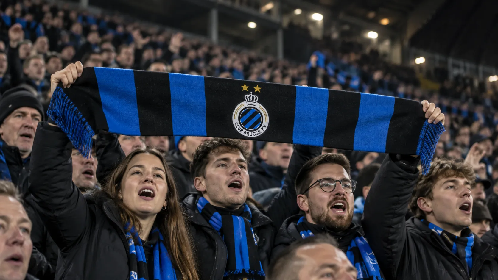 Een collectieve groep Club Brugge-supporters met een blauw-zwarte sjaal in de tribune.