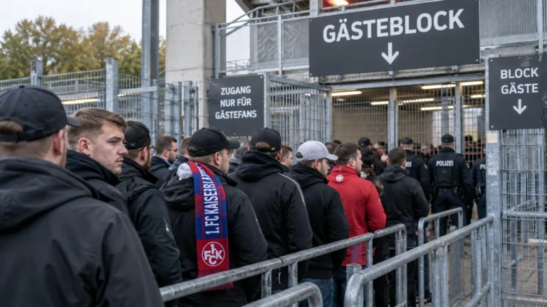 Een groep supporters van 1. FC Kaiserslautern verzamelt aan de ingang van het uitvak met blauw-rode sjaals.