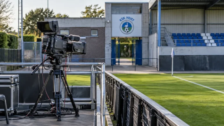 Leeg uitzendplatform langs het veld van KSK Heist met een vast clubembleem aan de stadioningang.