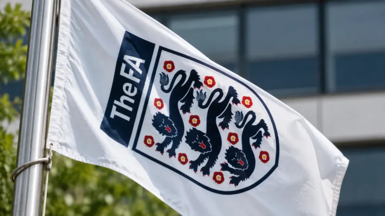Een witte FA-vlag met het embleem van de Engelse voetbalbond aan een vlaggenmast.