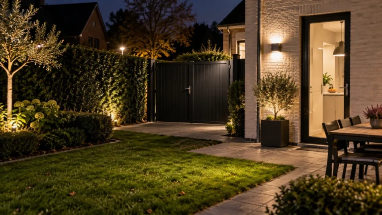 Verlichte tuin en gesloten toegangspoort bij een woning in de avond.